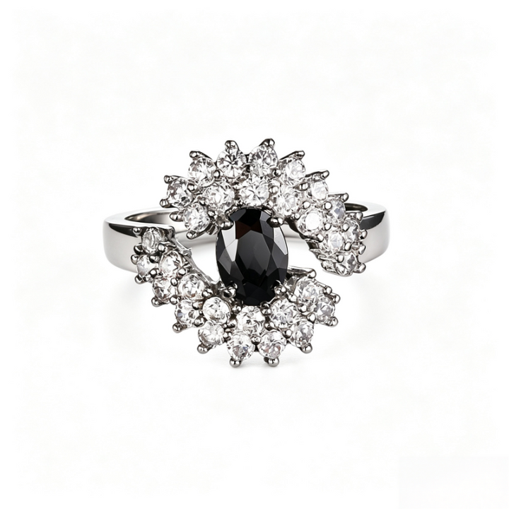 Oval Black Obsidian Halo Diamond Ring Women Silver Tone Crown Cluster Sunburst Cocktail Ring Vintage Black Stone Statement Jewelry