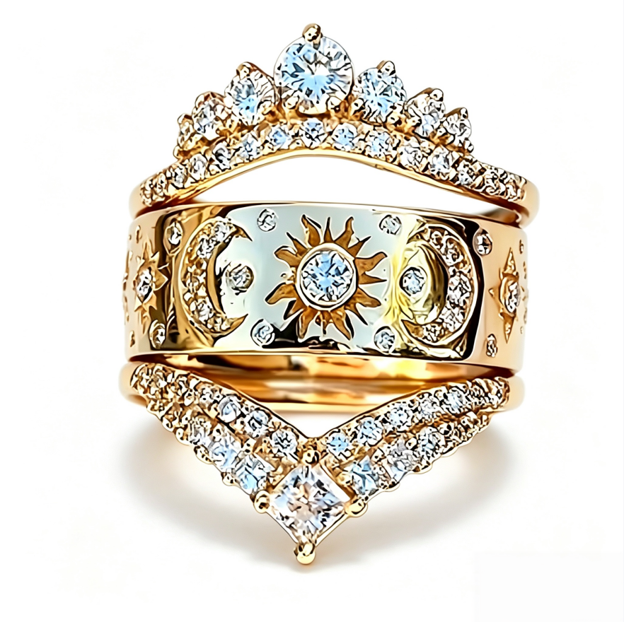 Sun Moon Celestial 3 Piece Stackable Ring Set Women V Shape Pave Diamond Chevron Midi Ring
