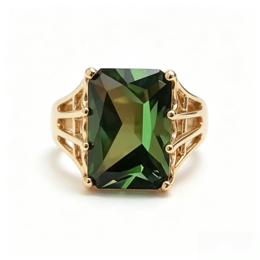 Large Square Green Diamond Statement Ring Women Vintage Cocktail Ring Openwork Wide Band