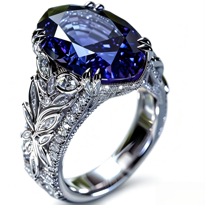 Oval Blue Sapphire Vintage Filigree Ring Women Art Nouveau Leaf Butterfly Engagement Ring