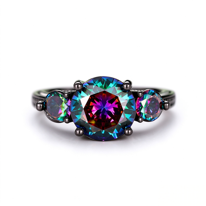 Mystic Rainbow Three Stone Ring Women Black Gold Gothic Vintage Cocktail Ring