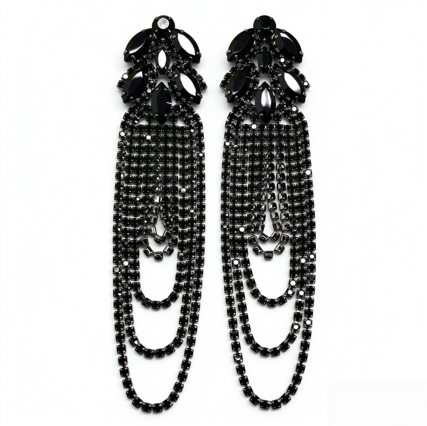 Long Tassel Chandelier Earrings Women Marquise Crystal Cluster Dangle Earrings Silver Black Obsidian