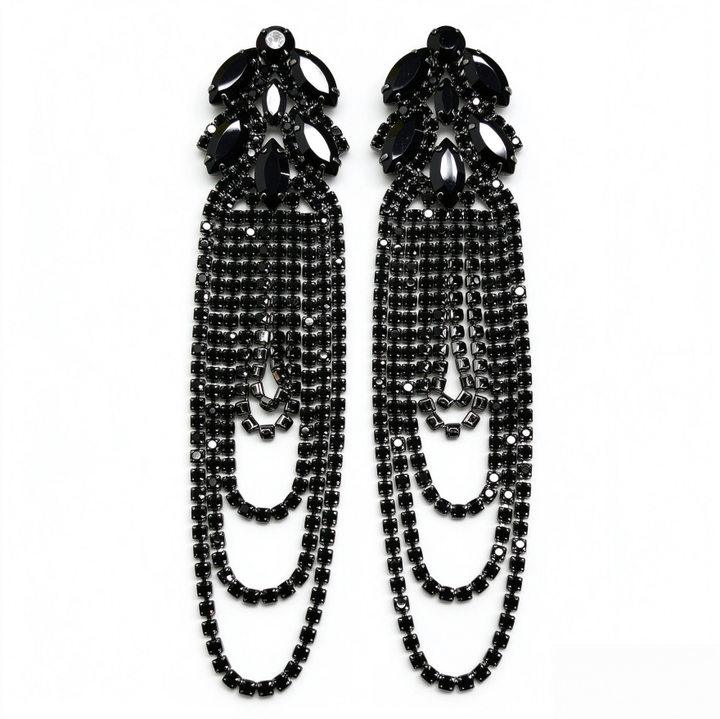 Long Tassel Chandelier Earrings Women Marquise Crystal Cluster Dangle Earrings Silver Black Obsidian