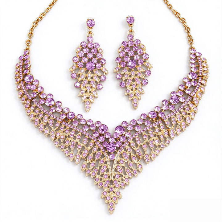 Leaf V Shape Diamond Necklace and Earrings Set Women Statement Wedding Bridal Jewelry Set