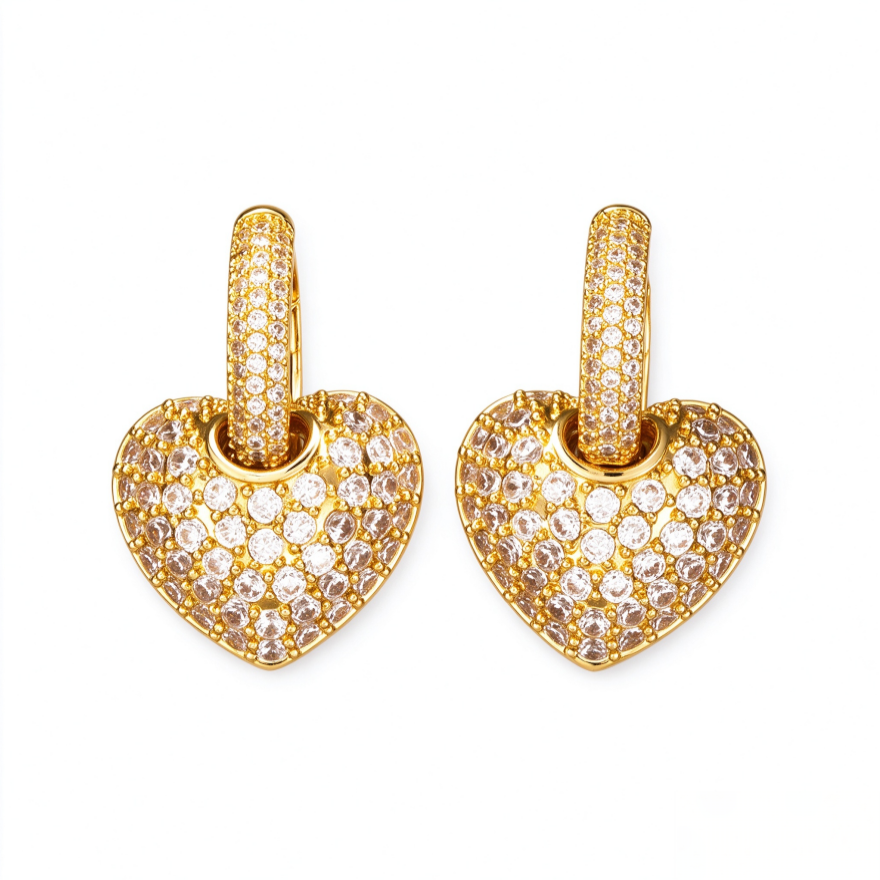 Pave Diamond Heart Charm Huggie Hoop Earrings Women Removable Pendant Drop Earrings