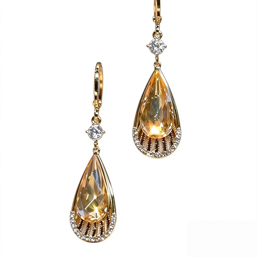 Champagne Pear Cut Diamond Drop Earrings Women Vintage Filigree Fan Halo Gold Earrings