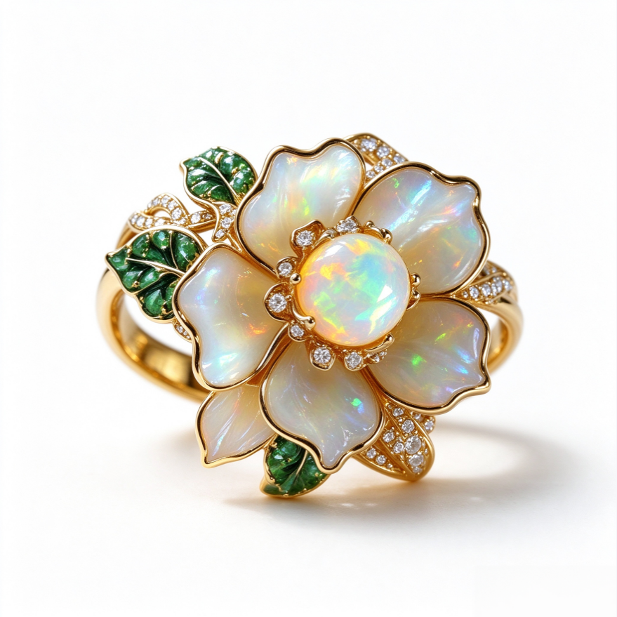 Opal Flower Ring Women Mother of Pearl Petal Emerald Leaf Gold Nature Bloom Cocktail Ring