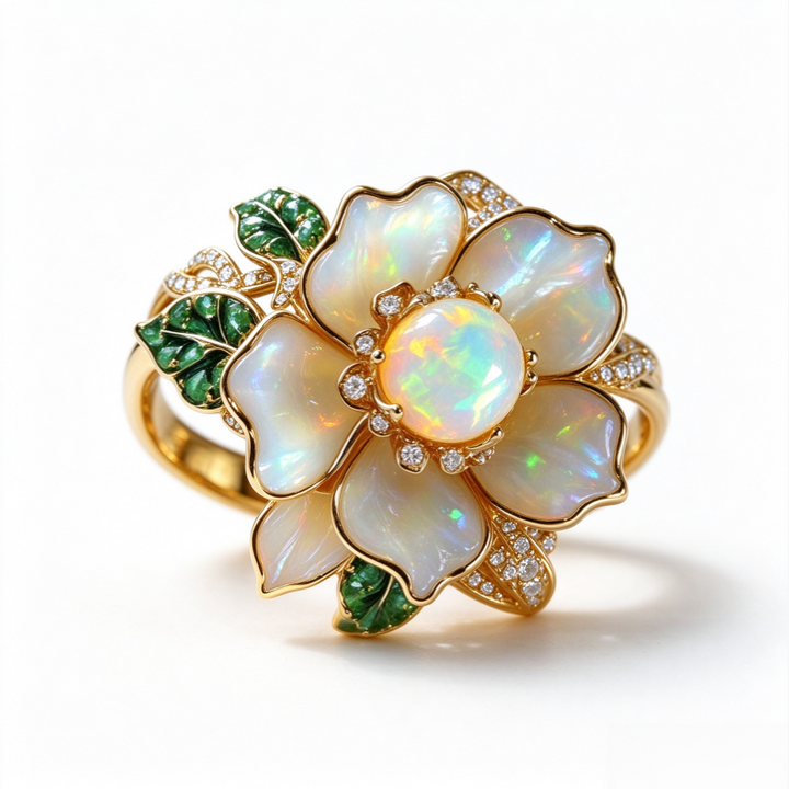Opal Flower Ring Women Mother of Pearl Petal Emerald Leaf Gold Nature Bloom Cocktail Ring