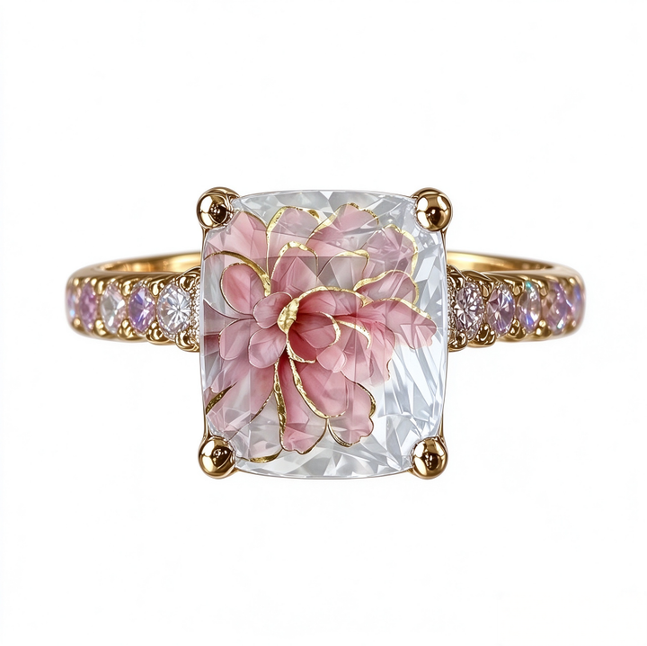 Pink Peony Inlay Cushion Diamond Ring Women Floral Leaf Gold Romantic Engagement Ring