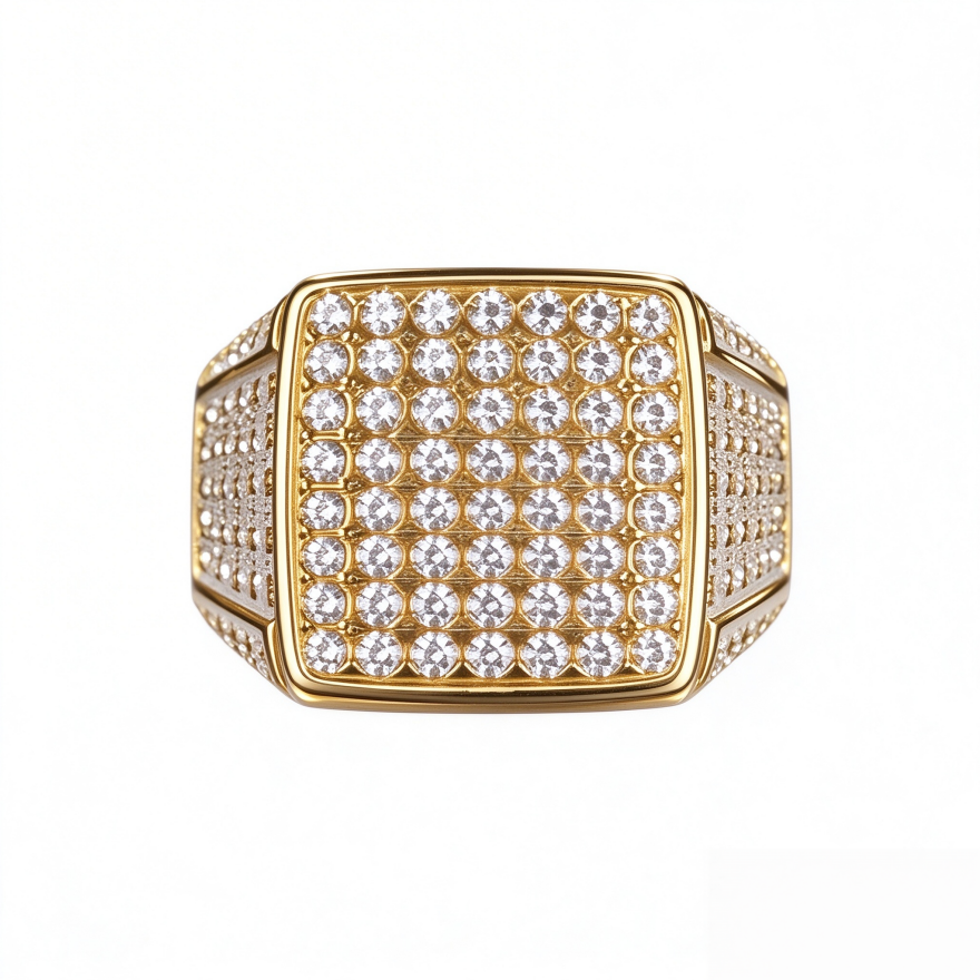 Men's Square Signet Pinky Ring Wide Band Pave Diamond Gold Hip Hop Statement Ring