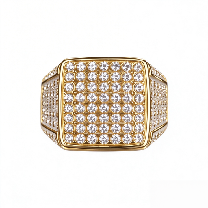 Men's Square Signet Pinky Ring Wide Band Pave Diamond Gold Hip Hop Statement Ring