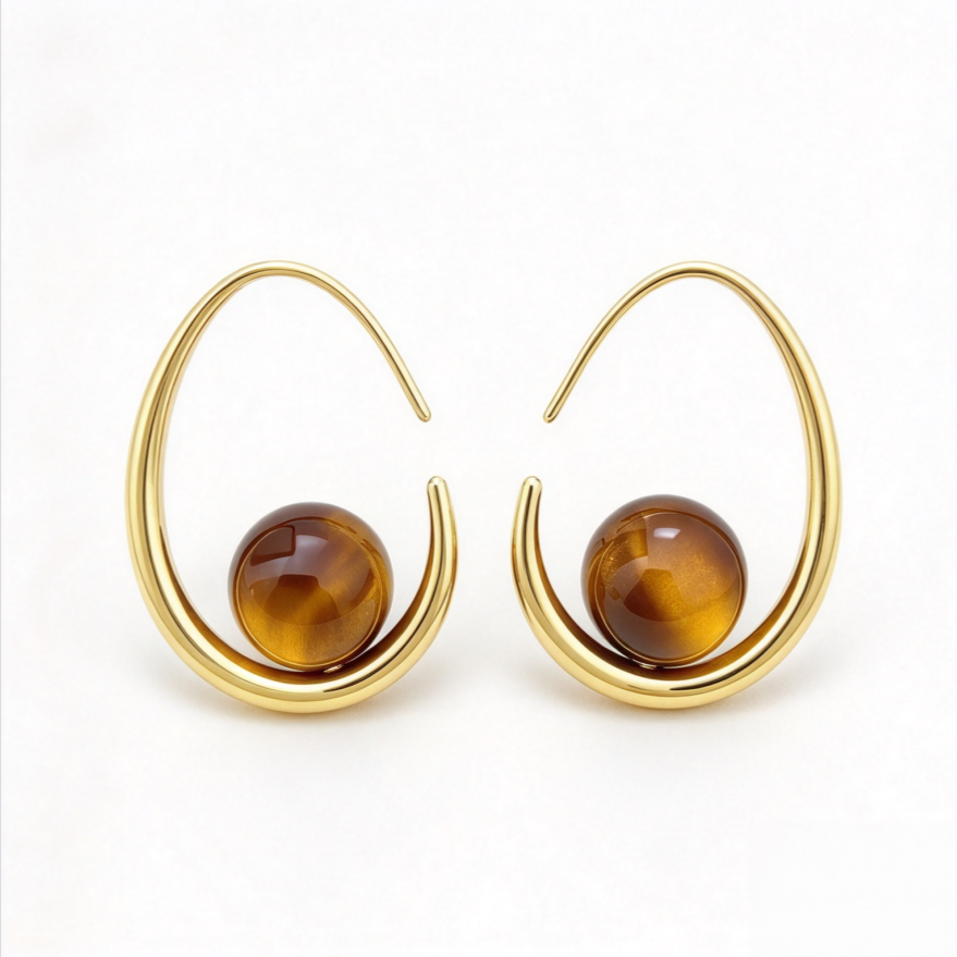 Tiger Eye Bead Drop Earrings Women Teardrop Wire Gold Minimalist Dangle Jewelry Gift