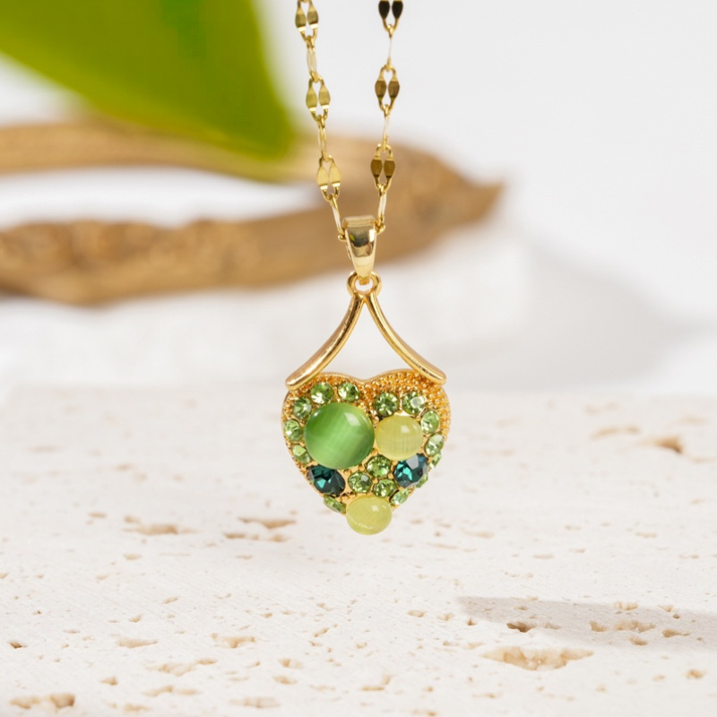 Green Cat's Eye Heart Pendant Necklace Women Gold Diamond Statement Jewelry Gift