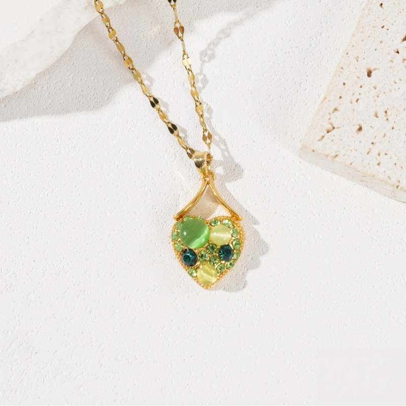 Green Cat's Eye Heart Pendant Necklace Women Gold Diamond Statement Jewelry Gift