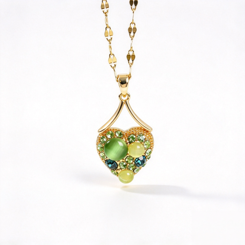 Green Cat's Eye Heart Pendant Necklace Women Gold Diamond Statement Jewelry Gift