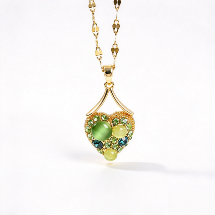 Green Cat's Eye Heart Pendant Necklace Women Gold Diamond Statement Jewelry Gift