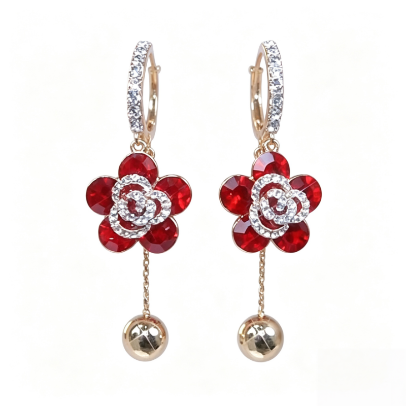 Red Flower Drop Earrings Women Rose Gold Leverback Ball Dangle Wedding Party Jewelry Gift
