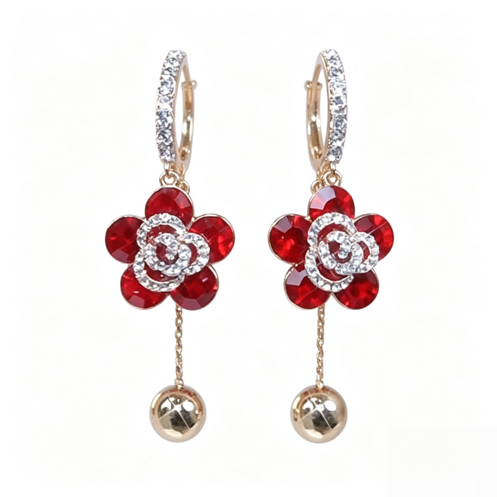 Red Flower Drop Earrings Women Rose Gold Leverback Ball Dangle Wedding Party Jewelry Gift