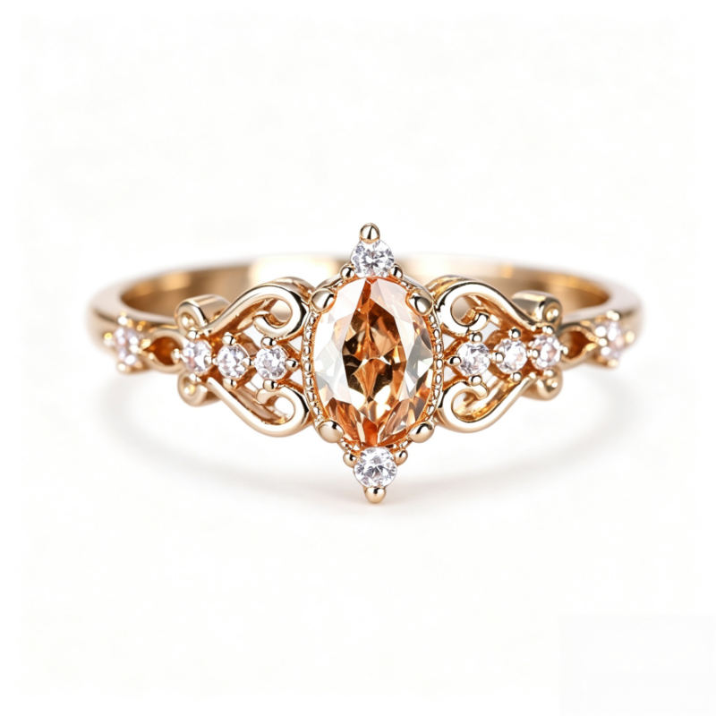 Champagne Diamond Vintage Filigree Ring Women Oval Art Nouveau Gold Engagement Ring