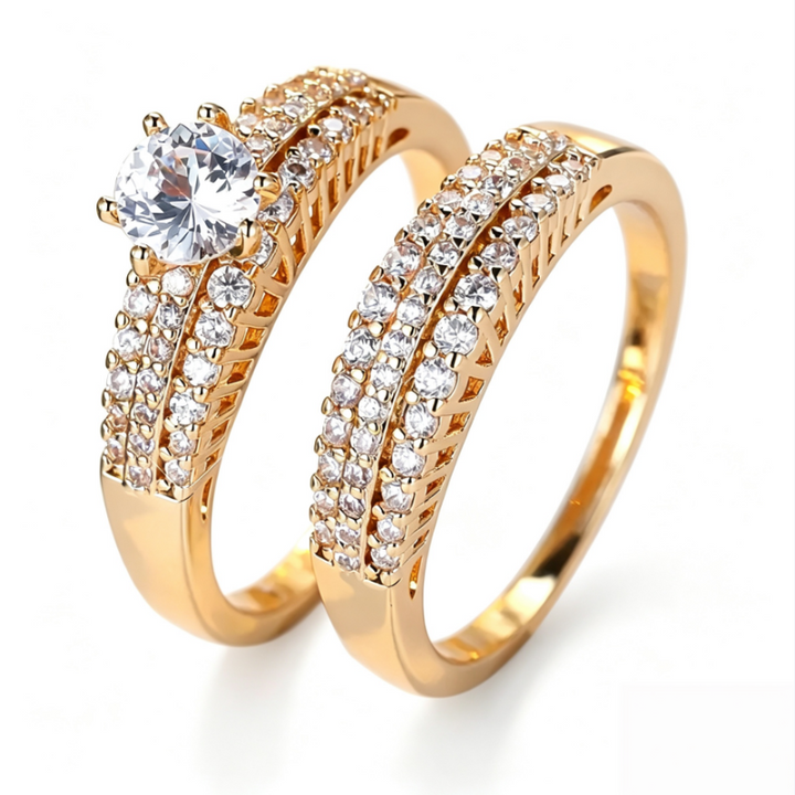 Two Piece Bridal Ring Set Women Solitaire Engagement Band Gold Diamond Wedding Set