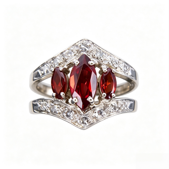 Red Ruby Marquise Three Stone Ring Women Vintage Art Deco Silver Engagement Cocktail Ring