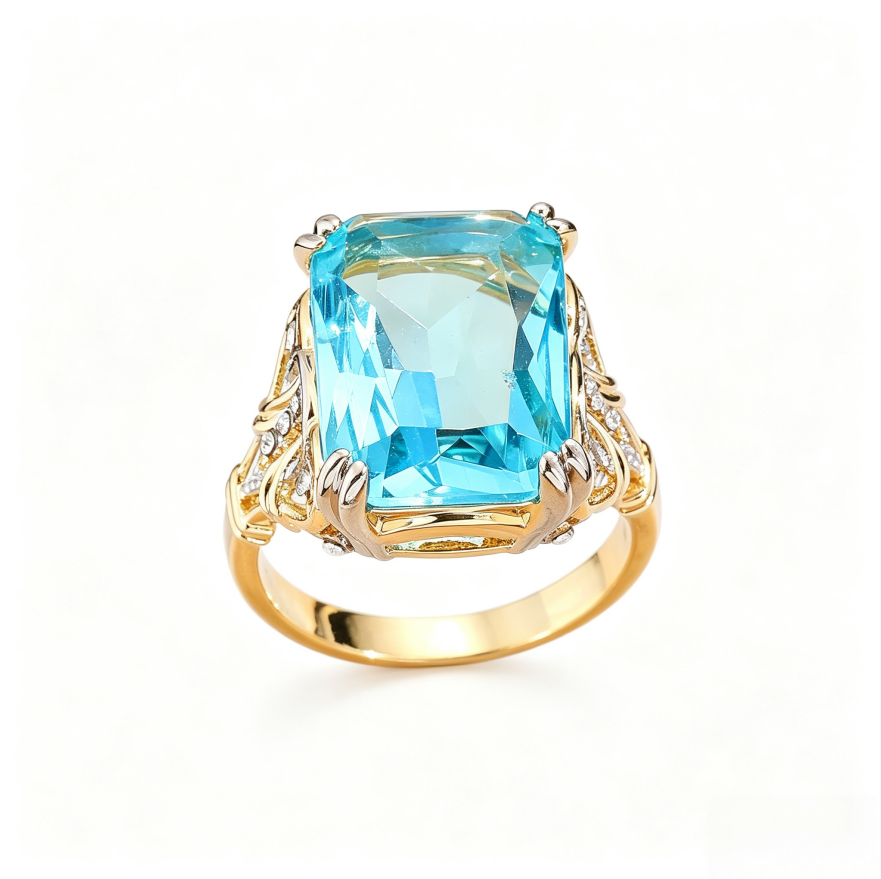 Blue Topaz Emerald Cut Cocktail Ring Women Two Tone Branch Gold Statement Jewelry Gift