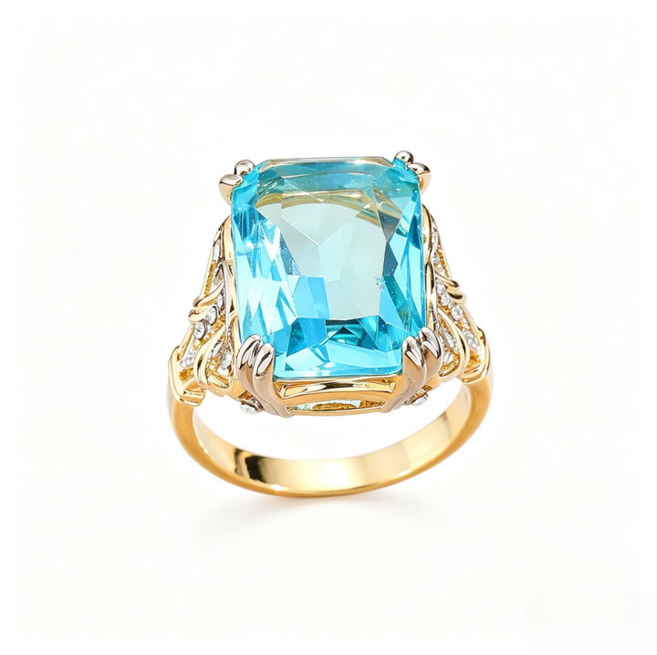 Blue Topaz Emerald Cut Cocktail Ring Women Two Tone Branch Gold Statement Jewelry Gift