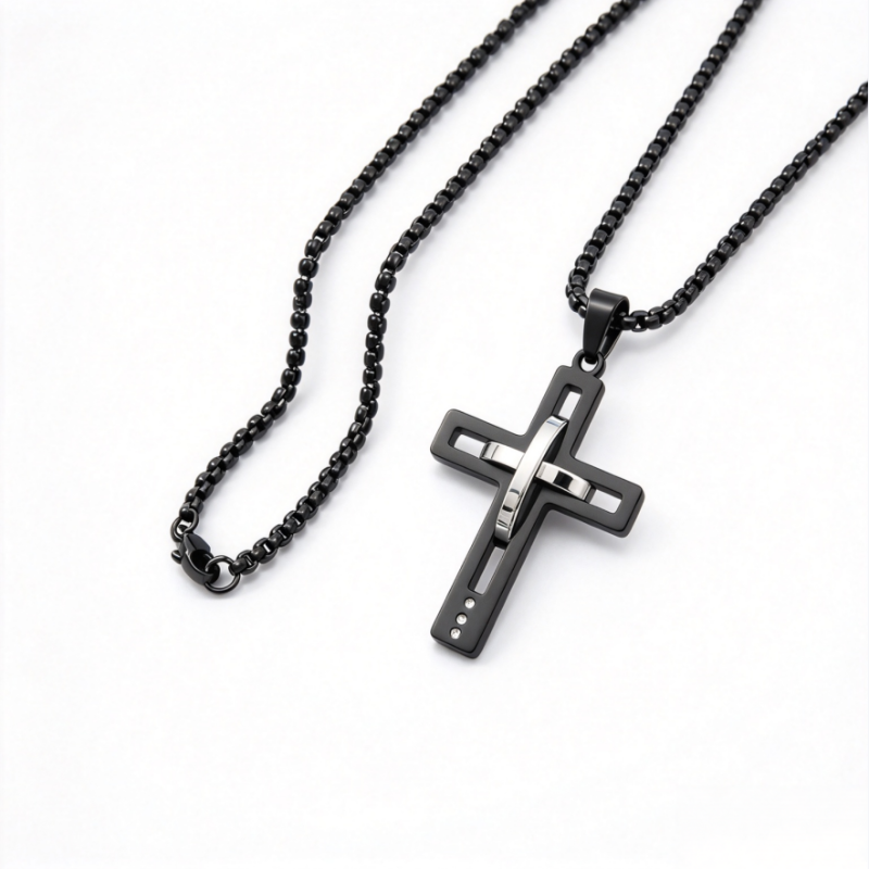 Cross Pendant Necklace Men Stainless Steel Black Silver Gold Box Chain Religious Jewelry Gift