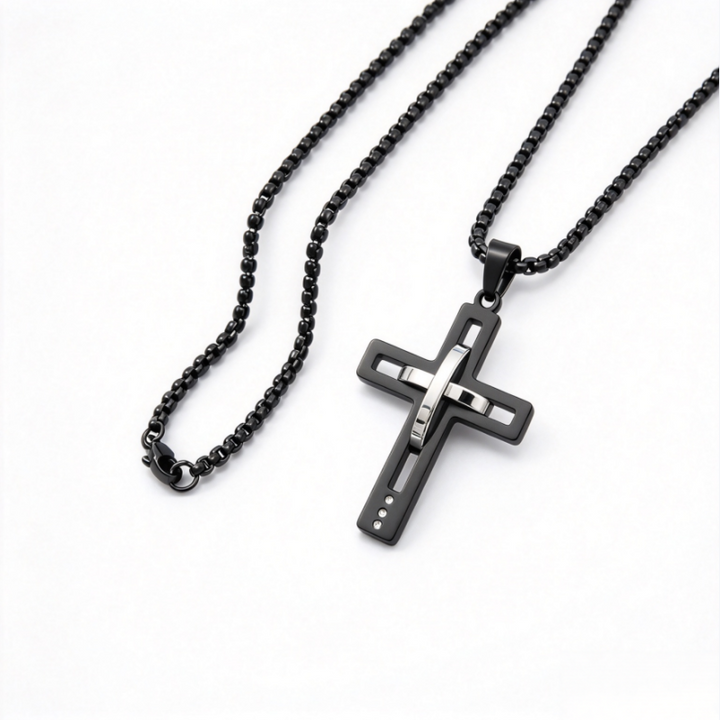 Cross Pendant Necklace Men Stainless Steel Black Silver Gold Box Chain Religious Jewelry Gift
