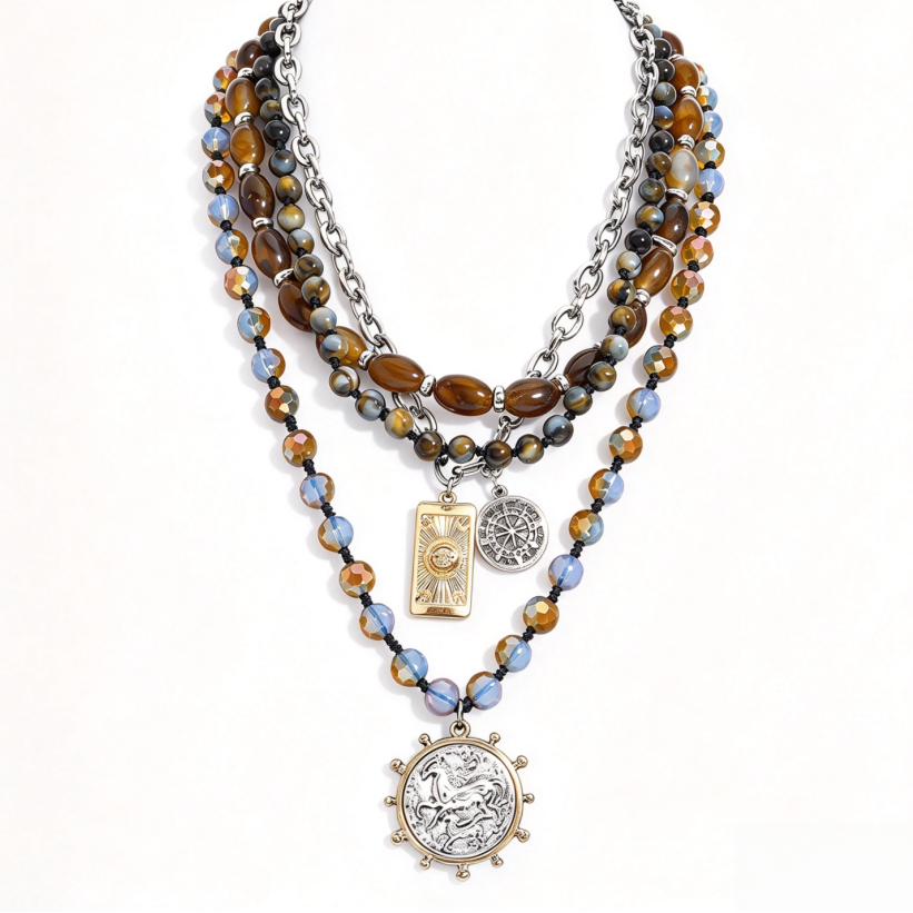 Layered Boho Coin Pendant Necklace Women Tiger Eye Crystal Silver Multistrand Jewelry Gift