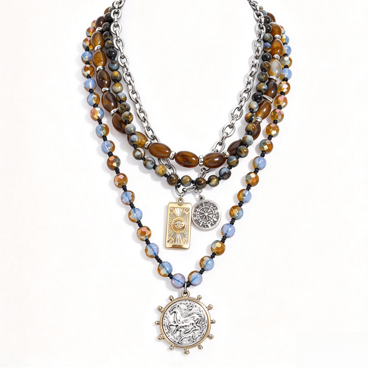 Layered Boho Coin Pendant Necklace Women Tiger Eye Crystal Silver Multistrand Jewelry Gift