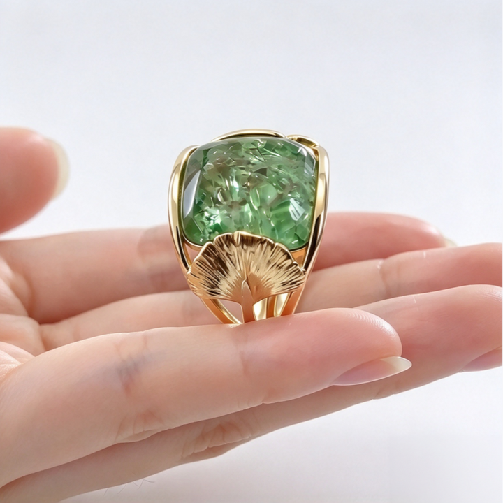 Green Stone Ginkgo Leaf Ring Women Gold Vintage Nature Inspired Jewelry Gift