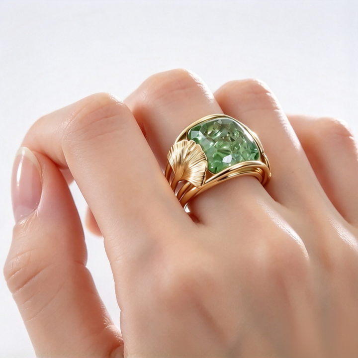Green Stone Ginkgo Leaf Ring Women Gold Vintage Nature Inspired Jewelry Gift