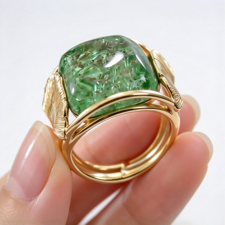 Green Stone Ginkgo Leaf Ring Women Gold Vintage Nature Inspired Jewelry Gift