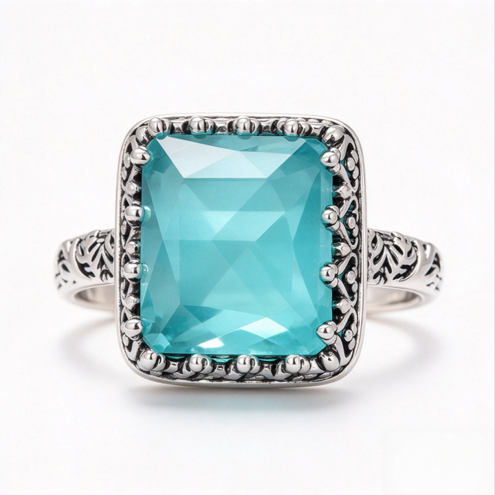 Turquoise Blue Square Vintage Ring Women Silver Filigree Statement Jewelry Gift
