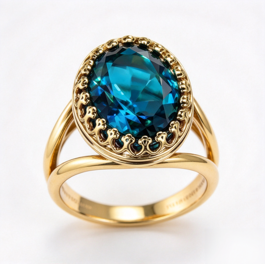 Blue Topaz Oval Vintage Halo Ring Women Gold Retro Filigree Cocktail Jewelry Gift