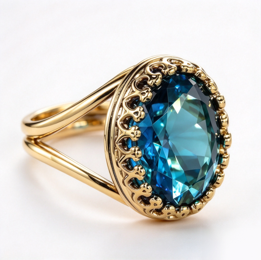 Blue Topaz Oval Vintage Halo Ring Women Gold Retro Filigree Cocktail Jewelry Gift