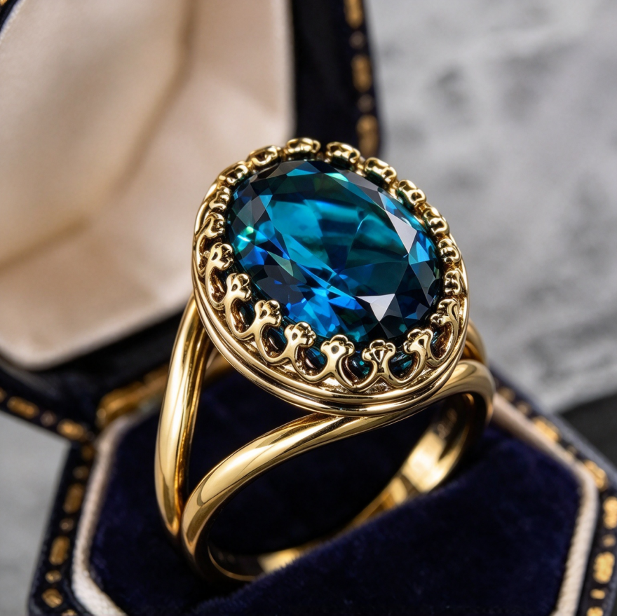 Blue Topaz Oval Vintage Halo Ring Women Gold Retro Filigree Cocktail Jewelry Gift