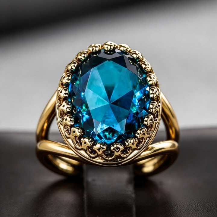 Blue Topaz Oval Vintage Halo Ring Women Gold Retro Filigree Cocktail Jewelry Gift