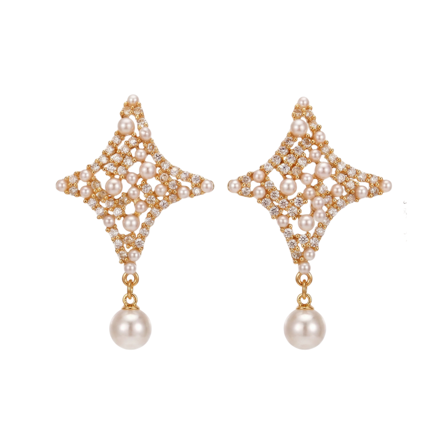 Star Pearl Drop Earrings Women Diamond Crystal Gold Silver Luxury Elegant Jewelry Gift