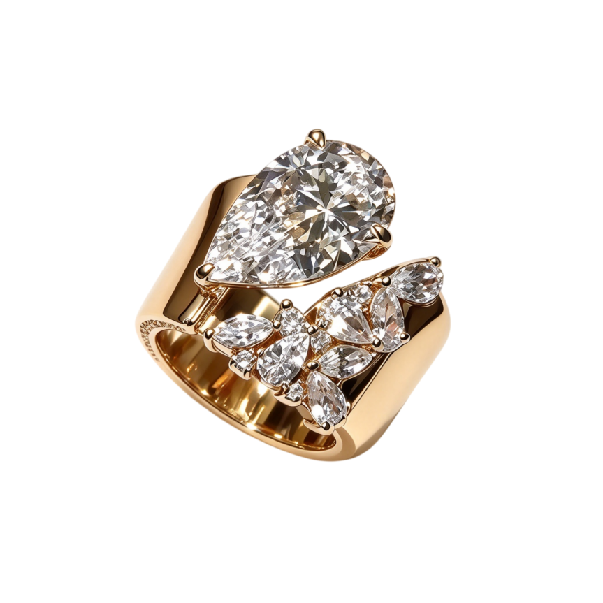 Pear Diamond Open Ring Women Gold Halo Solitaire Adjustable Luxury Jewelry Gift