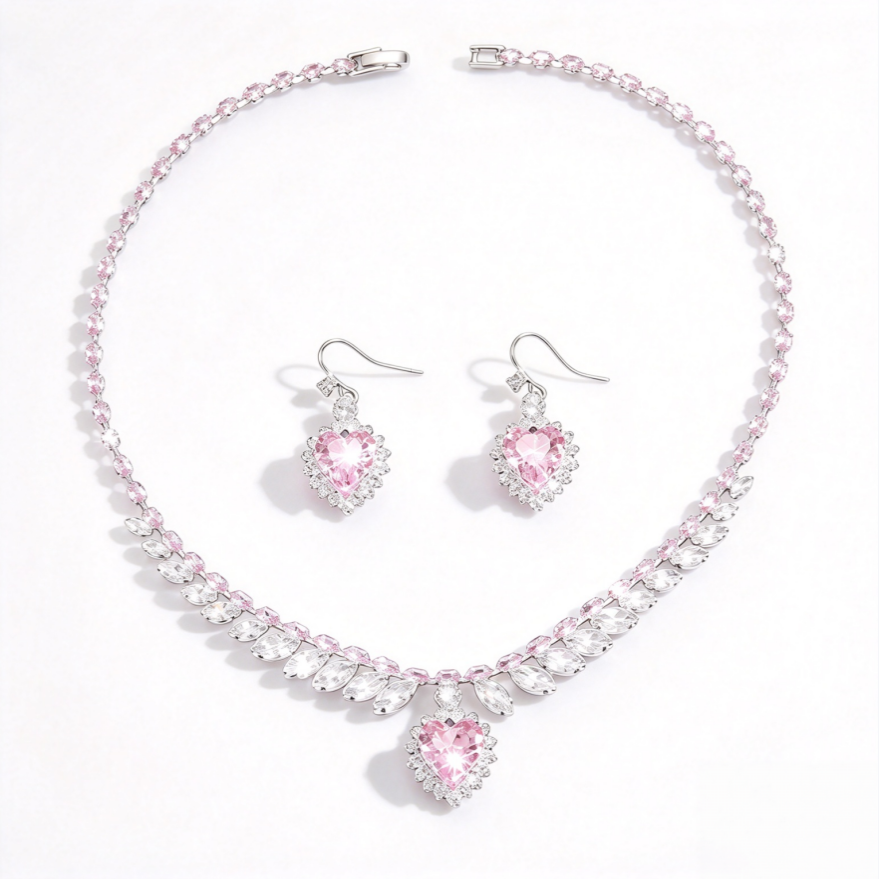 Pink Heart Diamond Jewelry Set Women Necklace Earrings Silver Choker Luxury Gift