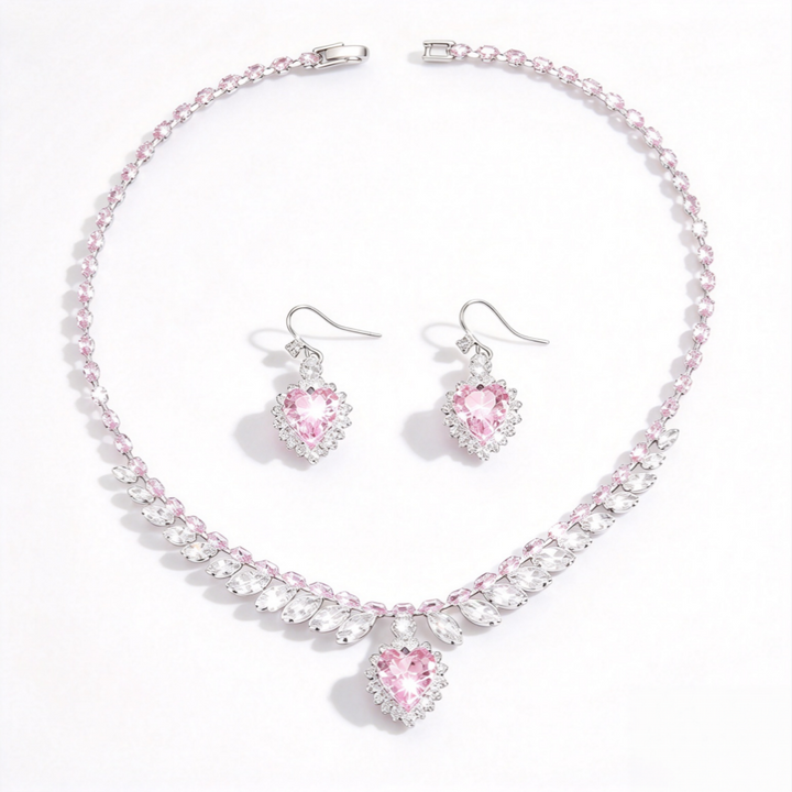 Pink Heart Diamond Jewelry Set Women Necklace Earrings Silver Choker Luxury Gift