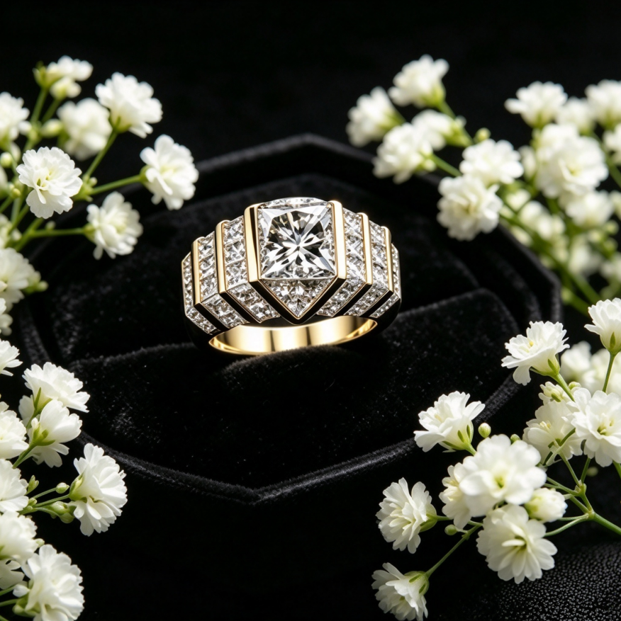 Square Cut Diamond Ring Gold Step Side Stones Luxury Eternity Jewelry Gift Unisex Design For Men And Women