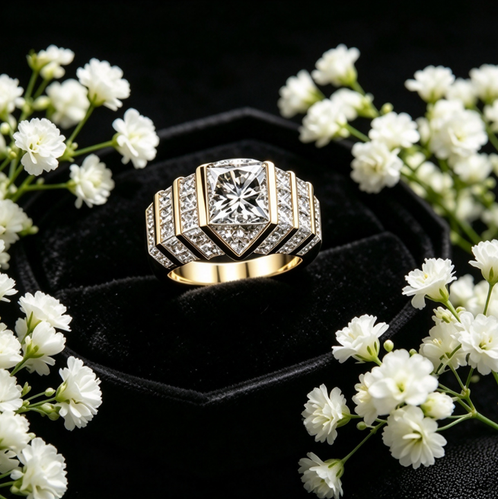 Square Cut Diamond Ring Gold Step Side Stones Luxury Eternity Jewelry Gift Unisex Design For Men And Women