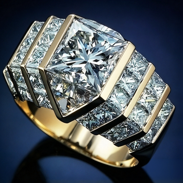 Square Cut Diamond Ring Gold Step Side Stones Luxury Eternity Jewelry Gift Unisex Design For Men And Women
