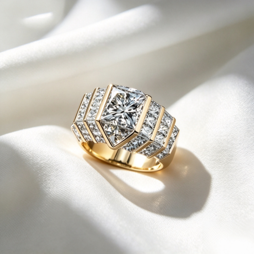 Square Cut Diamond Ring Gold Step Side Stones Luxury Eternity Jewelry Gift Unisex Design For Men And Women