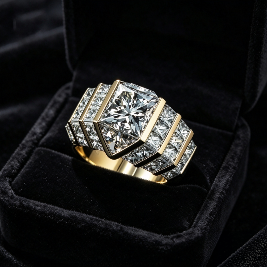 Square Cut Diamond Ring Gold Step Side Stones Luxury Eternity Jewelry Gift Unisex Design For Men And Women