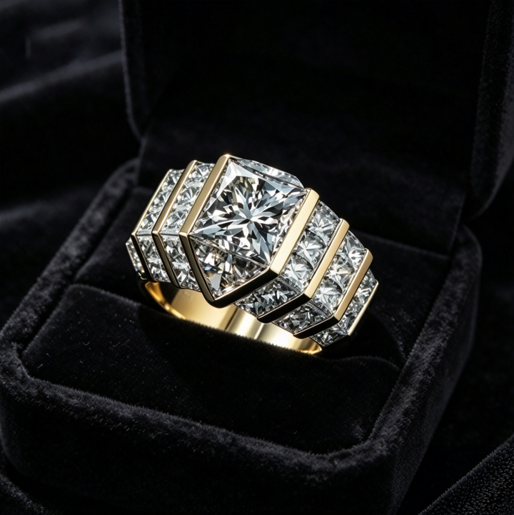 Square Cut Diamond Ring Gold Step Side Stones Luxury Eternity Jewelry Gift Unisex Design For Men And Women