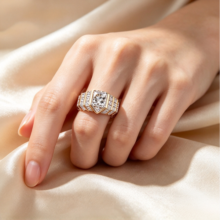 Square Cut Diamond Ring Gold Step Side Stones Luxury Eternity Jewelry Gift Unisex Design For Men And Women